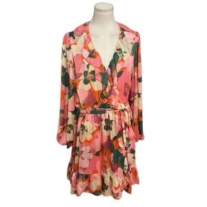 TAYLOR floral pink orange ruffle dress, wrap style, long sleeve sundress. Sz 10